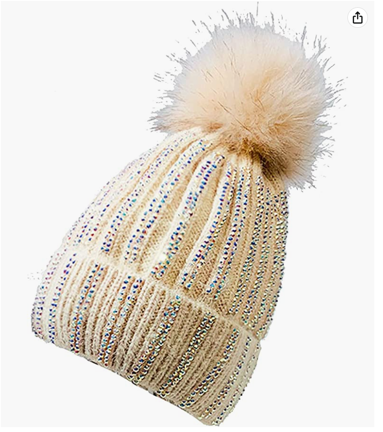 Womens Winter Sequin Beanie Hat Warm Knit Hat Thick Plush Lined Winter Cap hat Warmer for Girl Beige 1010